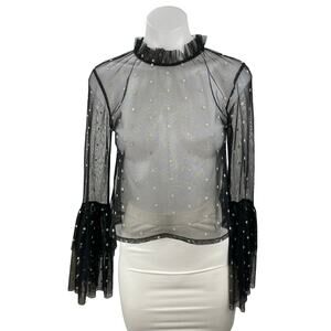 Lace & Beads Women's Black Polka Dot Sheer Mesh Ruffle Long Sleeve Blouse Top S